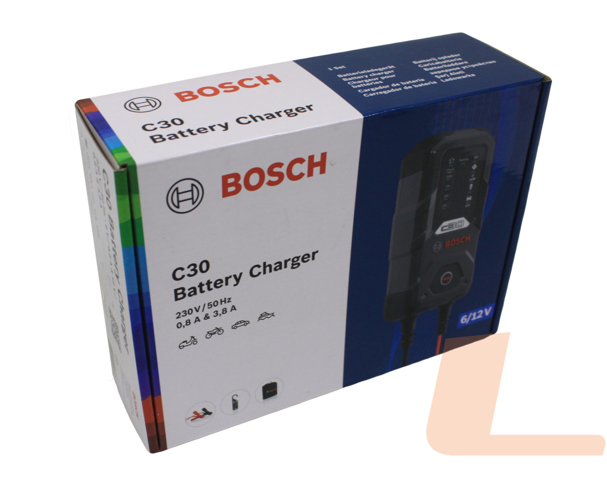 ЗАРЯДНИЙ ПРИСТРІЙ BOSCH C30 6В/12В MAX 3.8A VRLA, WET, GEL, EFB, AGM ЗАРЯДНИЙ ПРИСТРІЙ BOSCH C30 6В/12В MAX 3.8A VRLA, WET, GEL, EFB, AGM