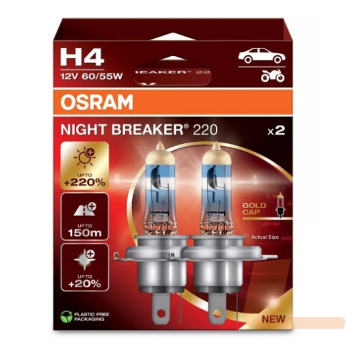 Лампа галогенна автомобільна 12V H4 60/55W P43T NIGHT BREAKER 220 КАРТОН (2ШТ)